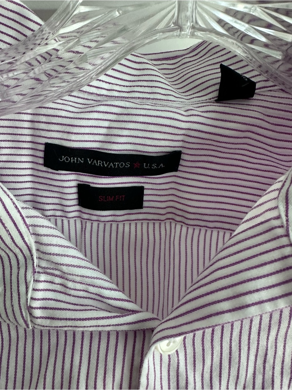 John Varvatos Men's White Dress Shirt with Purple Pinstripes